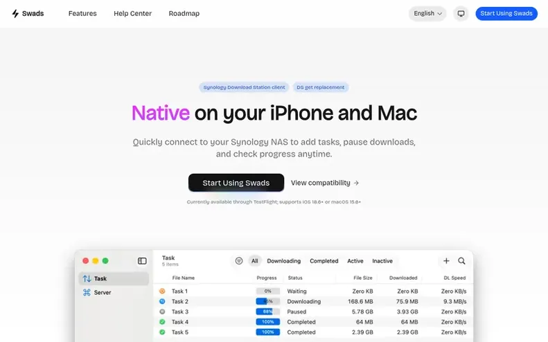 Screenshot of the Swads homepage