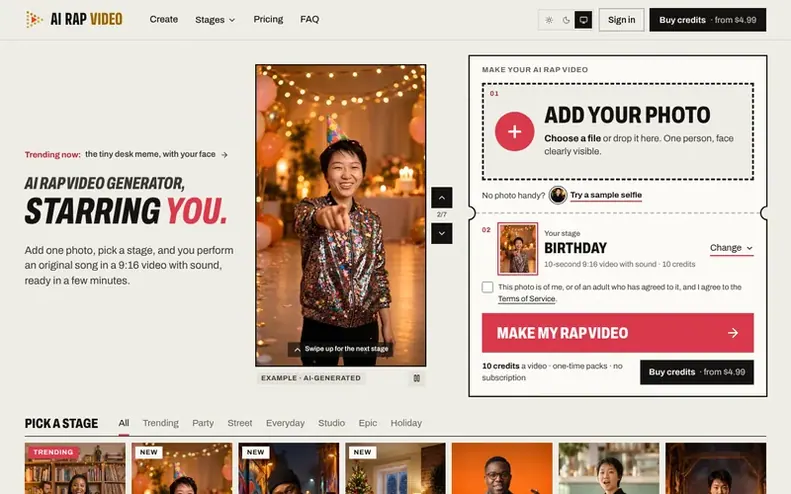 Screenshot of the AI Rap Video homepage