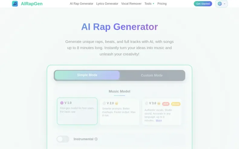 Screenshot of the AI Rap Generator homepage