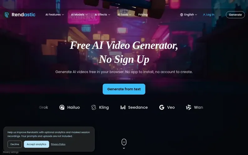 Screenshot of the Rendastic homepage