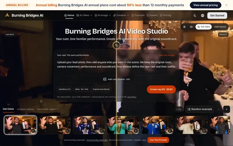 Screenshot of the Burning Bridges AI Video Studio homepage