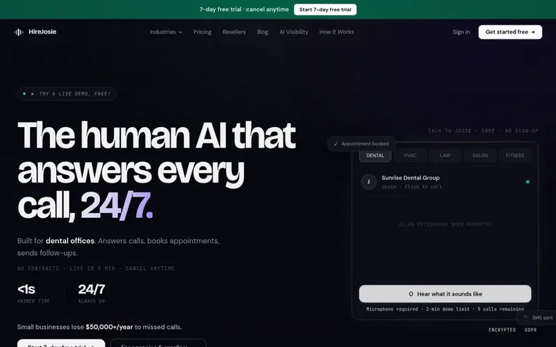 Screenshot of the HireJosie homepage