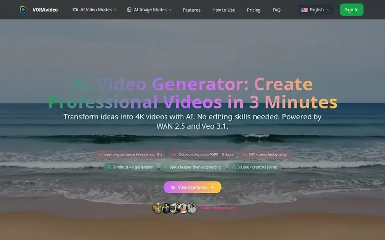 Screenshot of the VORAvideo homepage