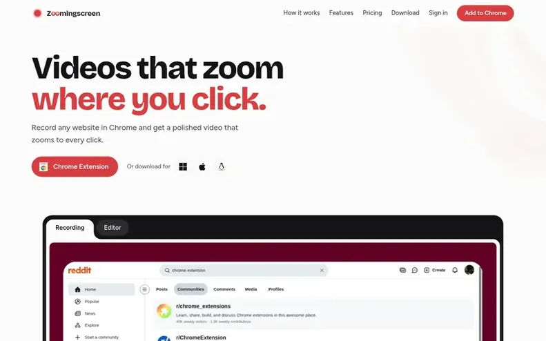 Screenshot of the Zoomingscreen homepage