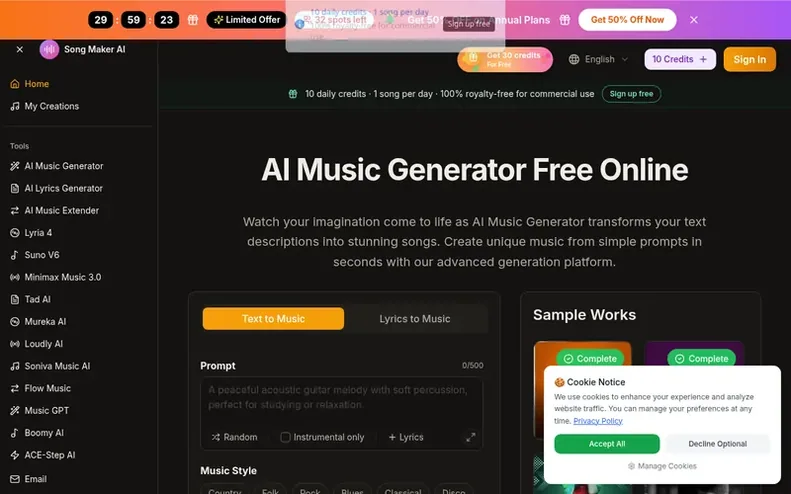 Screenshot of the Music Maker AI homepage