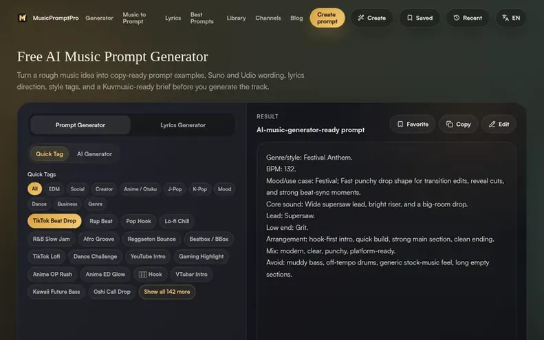 Screenshot of the MusicPromptPro homepage