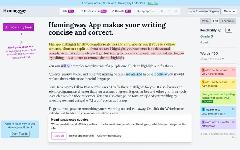 Screenshot of the Hemingway Editor homepage