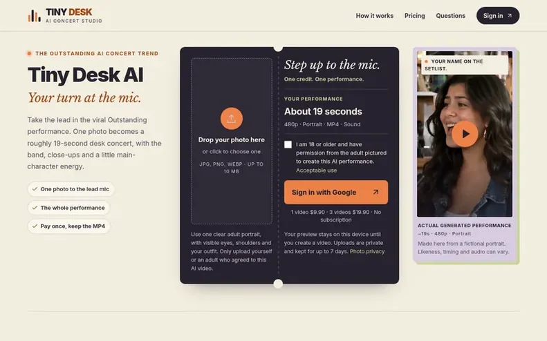 Screenshot of the Tiny Desk AI homepage