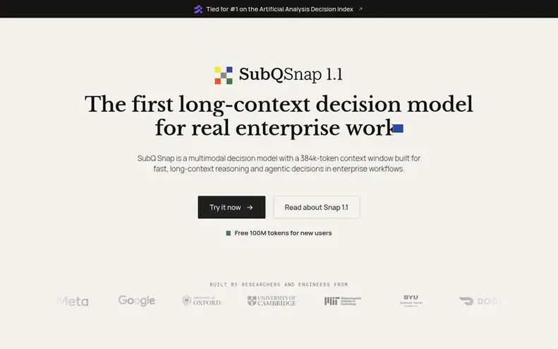 Screenshot of the Subquadratic homepage