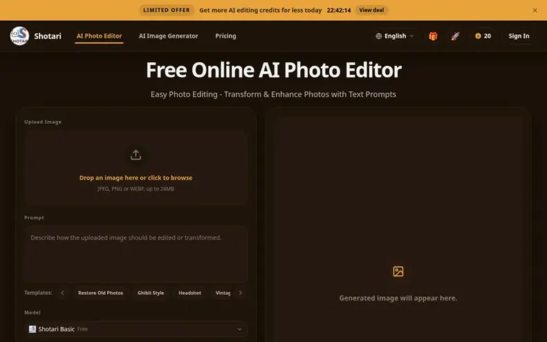 Screenshot of the Shotari homepage