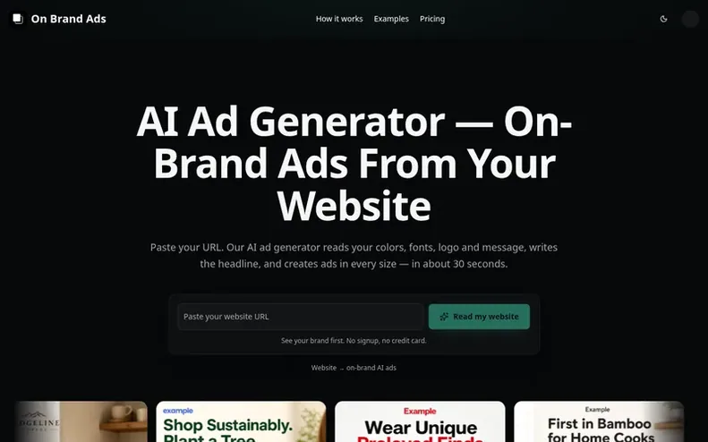 Screenshot of the On Brand Ads homepage