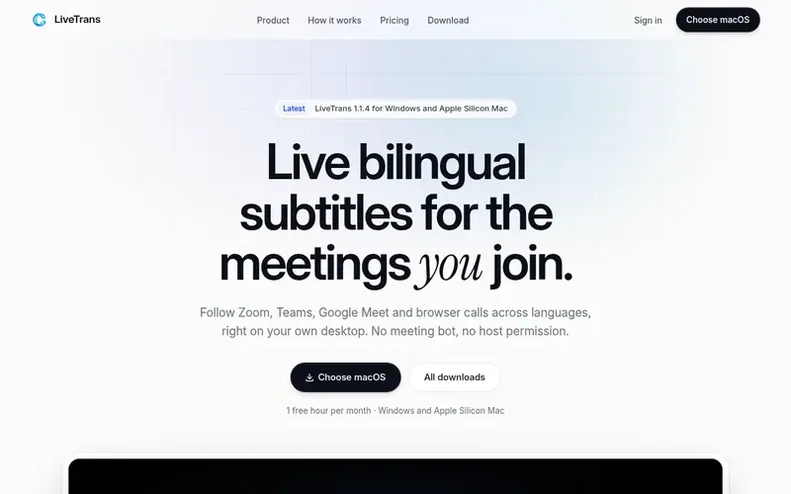 Screenshot of the LiveTrans homepage