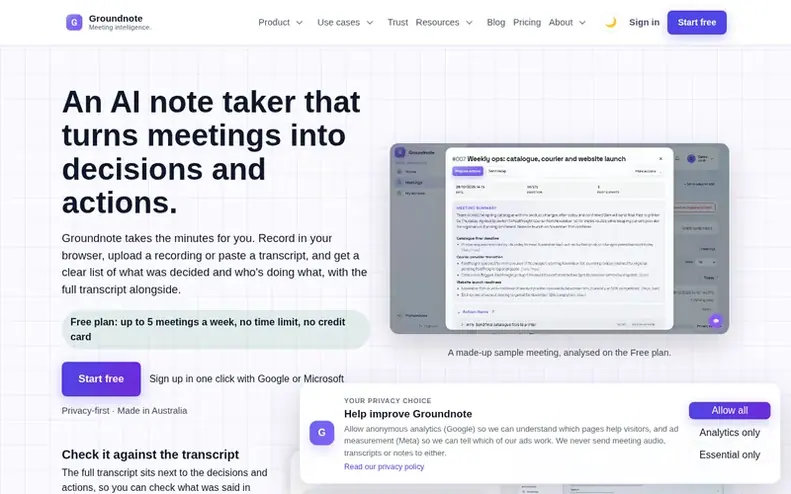 Screenshot of the Groundnote homepage