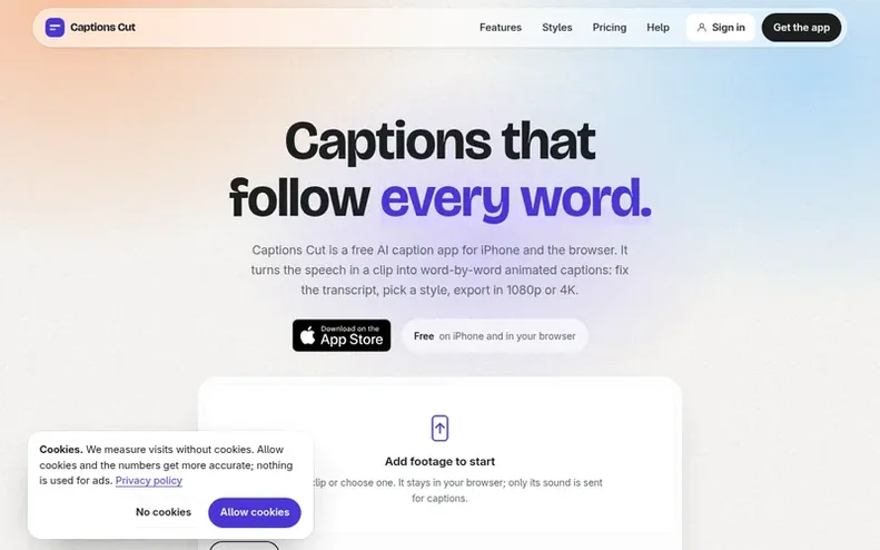 Screenshot of the Captions Cut homepage
