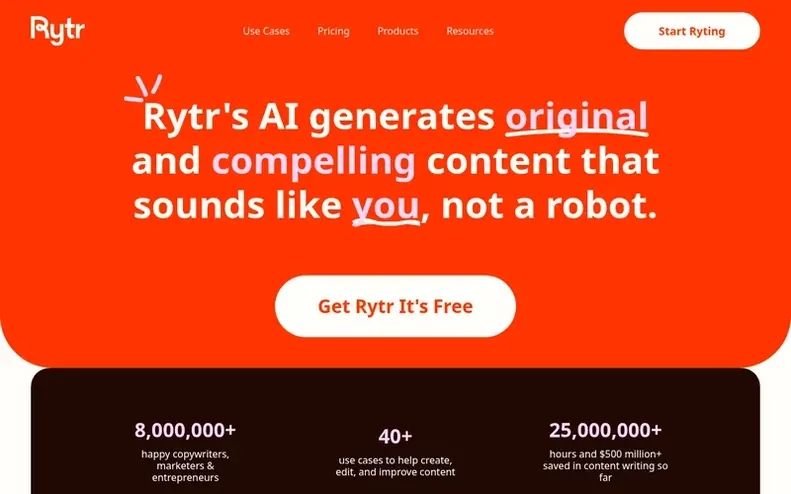 Screenshot of the Rytr homepage
