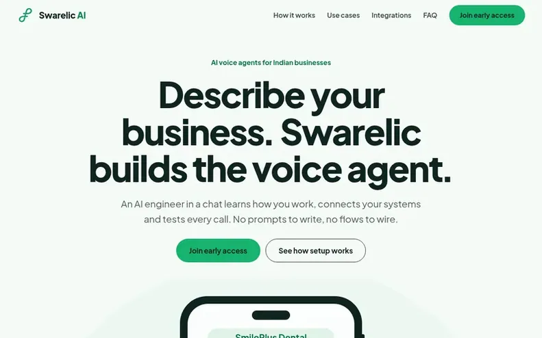Screenshot of the Swarelic AI homepage