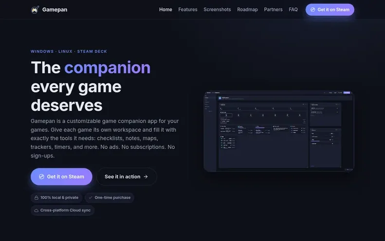 Screenshot of the Gamepan homepage