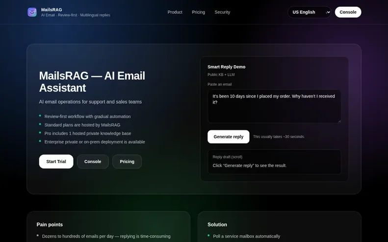 Screenshot of the MailsRAG homepage