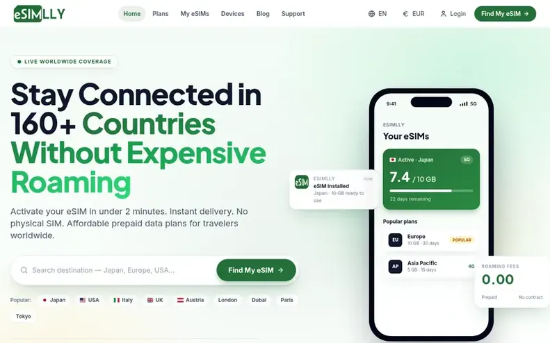 Screenshot of the eSIMLLY homepage