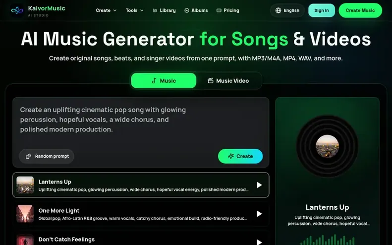 Screenshot of the KaivorMusic.AI homepage
