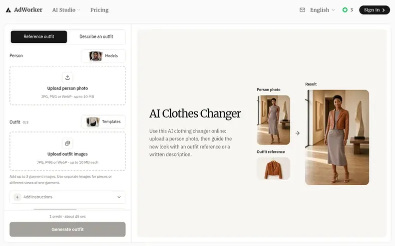 Screenshot of the AI Clothes Changer homepage