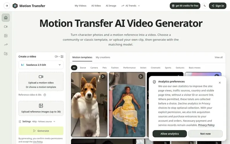 Screenshot of the Motion Transfer AI homepage