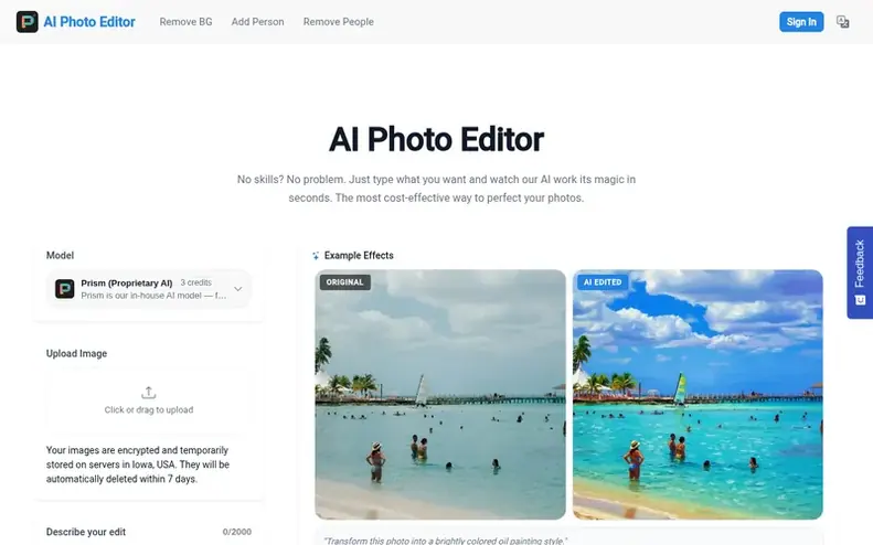 Screenshot of the AI Photo Editor homepage