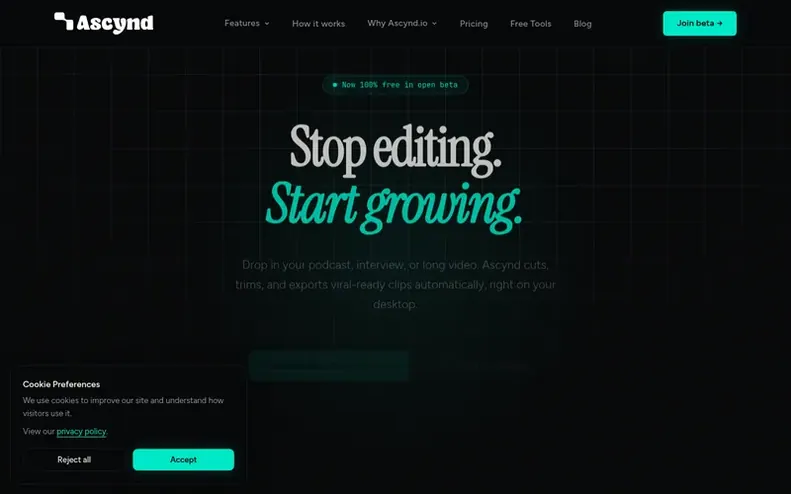 Screenshot of the Ascynd homepage