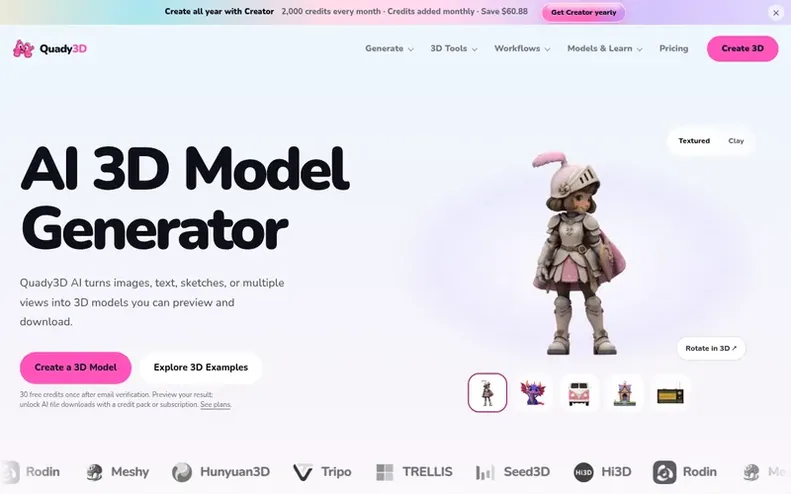 Screenshot of the Quady3D homepage