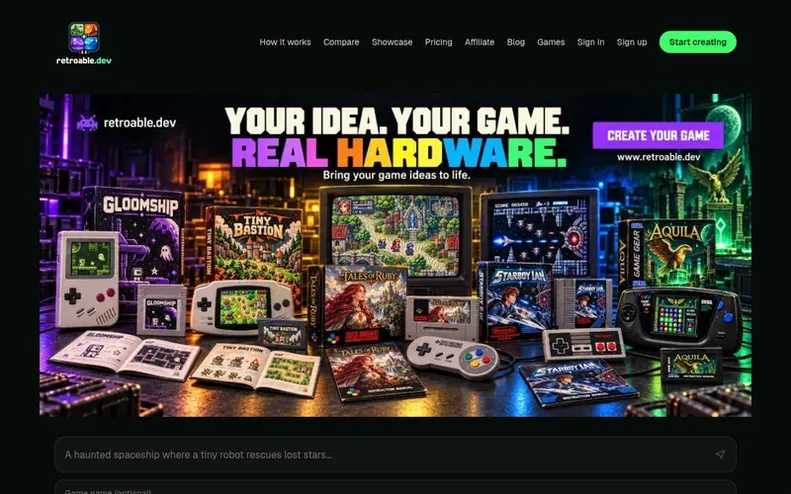 Screenshot of the Retroable homepage