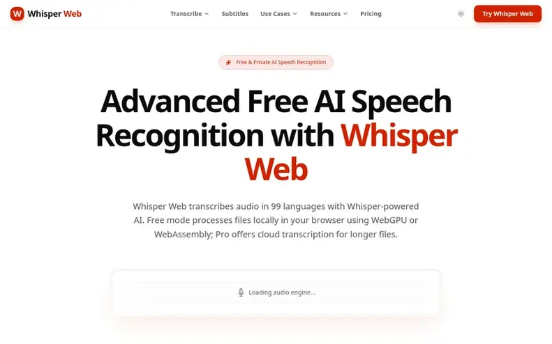 Screenshot of the Whisper Web homepage