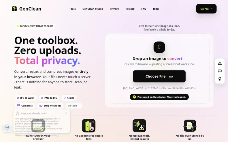Screenshot of the GenClean homepage