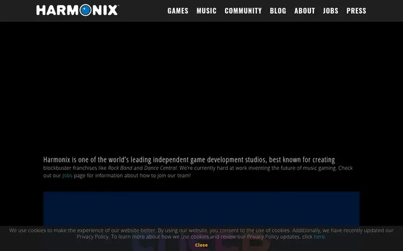 Screenshot of the Harmonix Music Systems homepage