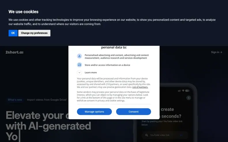Screenshot of the 2short.ai homepage