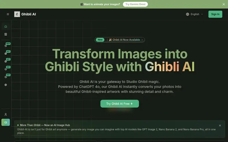 Screenshot of the Ghibli AI homepage
