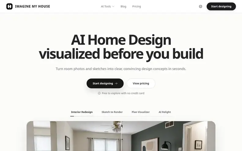 Screenshot of the ImagineMyHouse homepage
