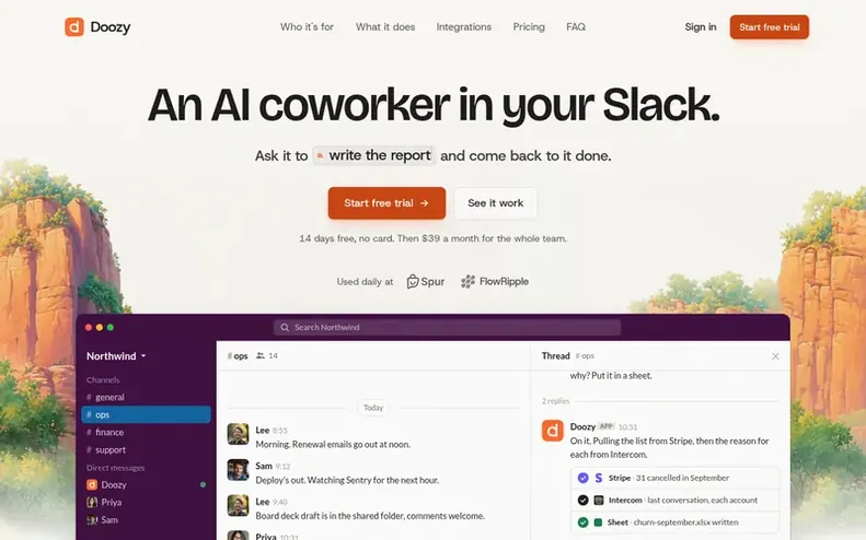 Screenshot of the Doozy homepage