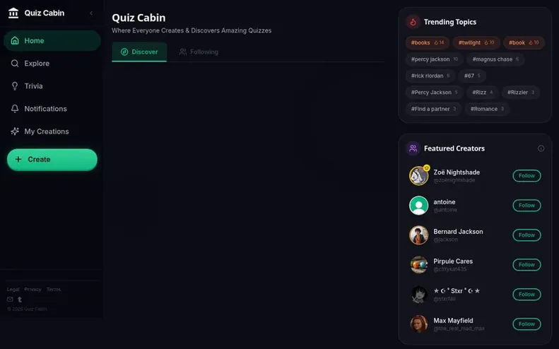 Screenshot of the Quiz Cabin homepage