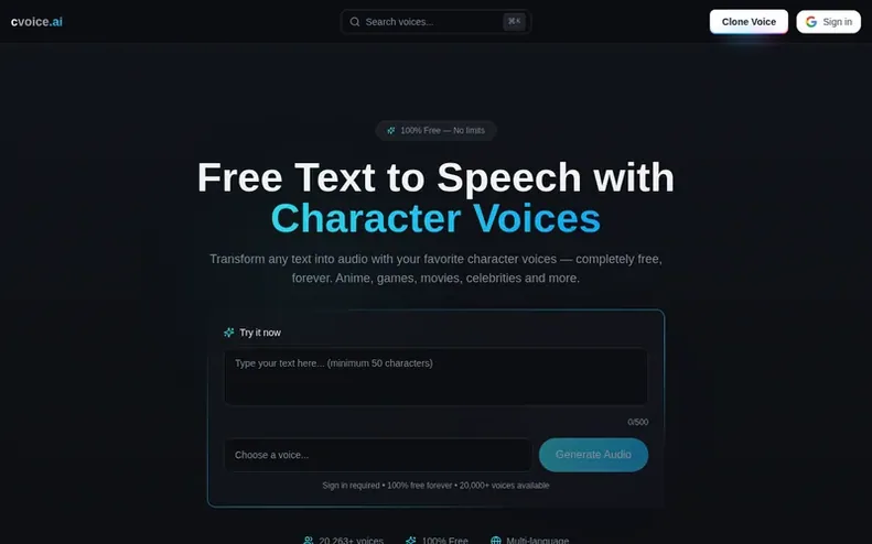 Screenshot of the cvoice.ai homepage