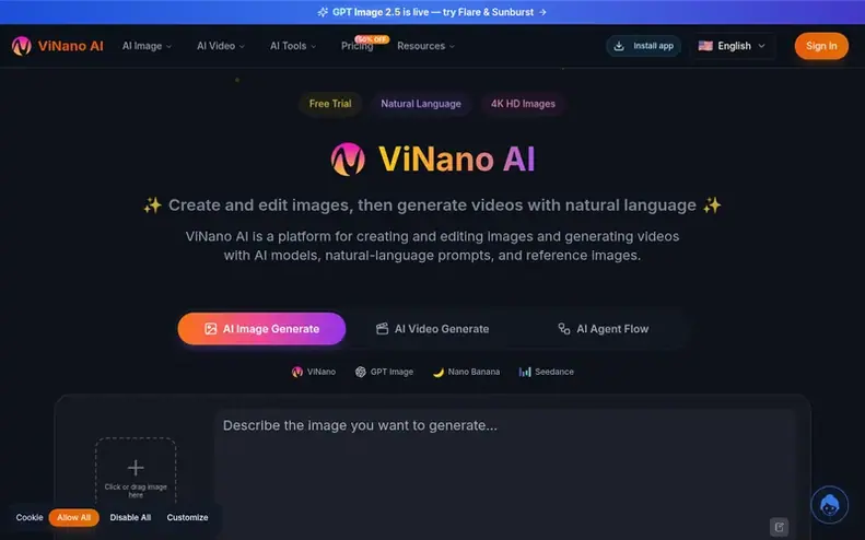 Screenshot of the ViNano AI homepage