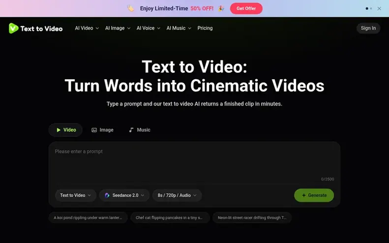 Screenshot of the TextToVideo AI homepage