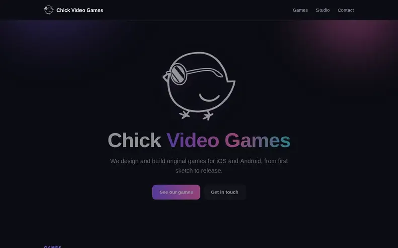 Screenshot of the Chick Video Games homepage