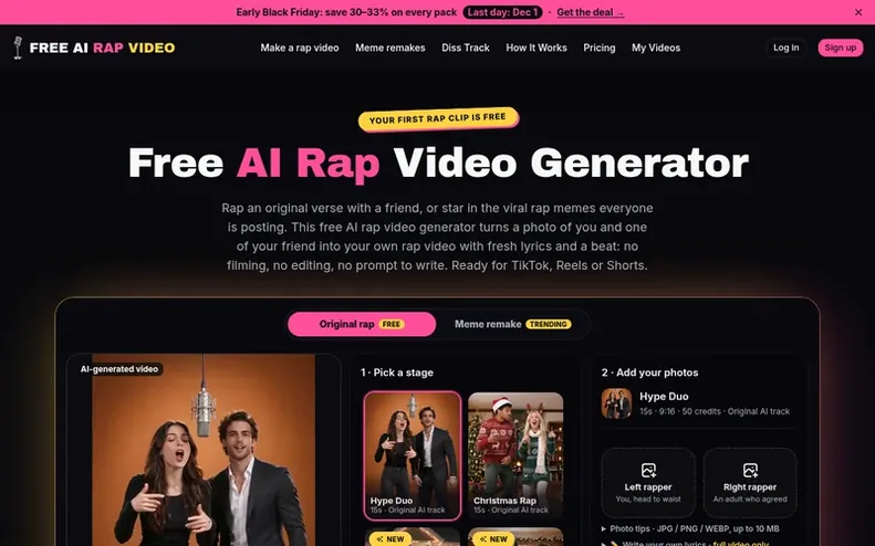 Screenshot of the Free AI Rap Video homepage