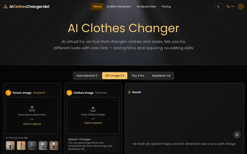 Screenshot of the AI Clothes Changer homepage