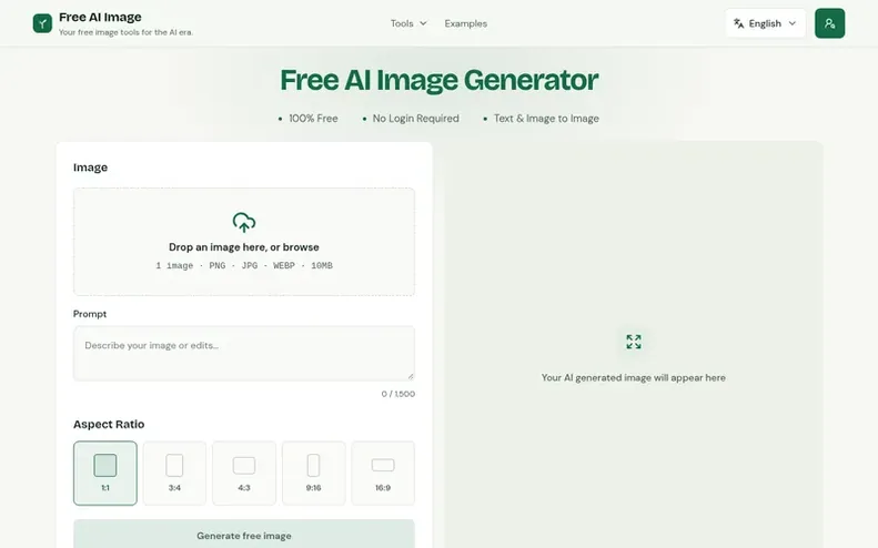 Screenshot of the Free AI Image homepage