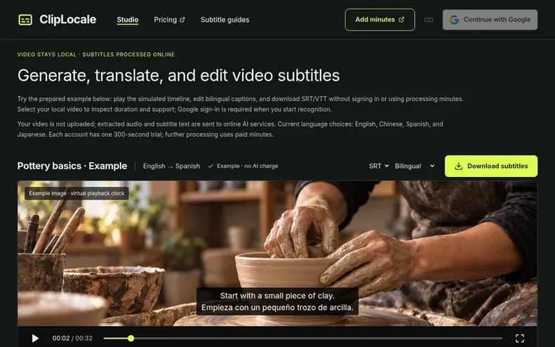 Screenshot of the ClipLocale homepage