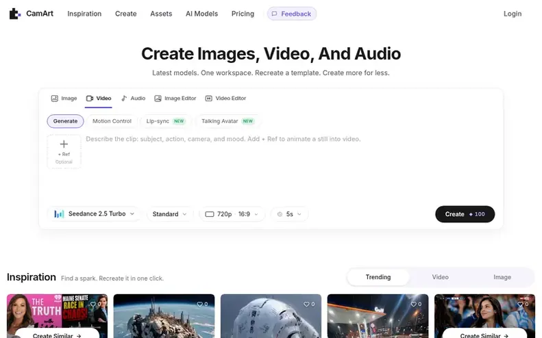 Screenshot of the CamArt AI homepage