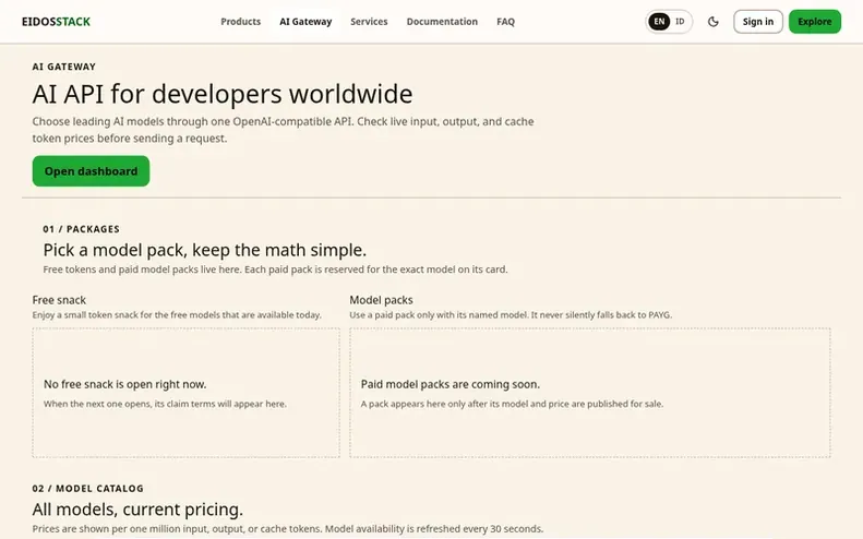 Screenshot of the EidosStack AI Gateway homepage
