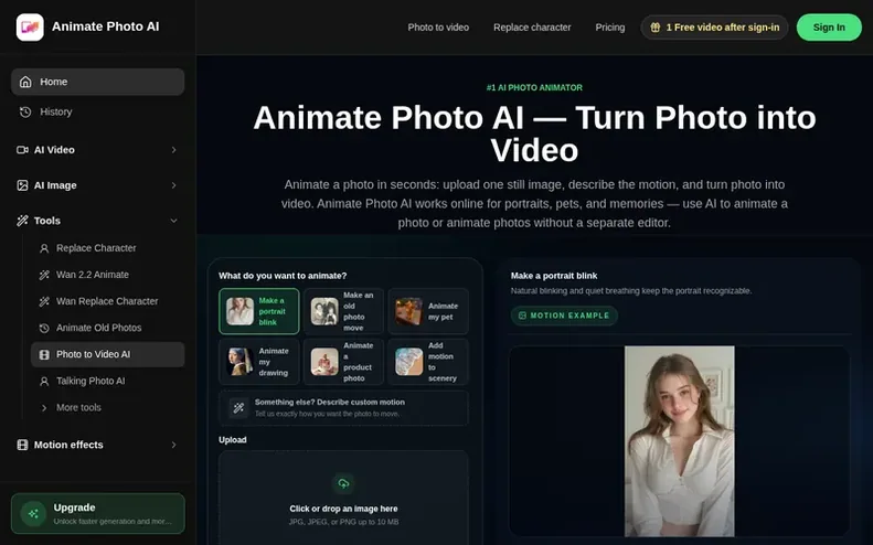 Screenshot of the Animate Photo AI homepage