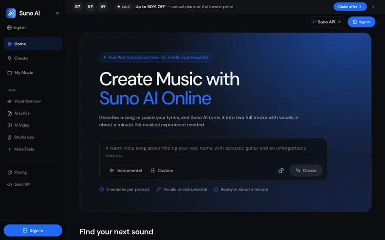 Screenshot of the Suno AI Music homepage